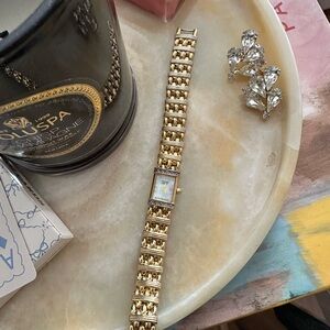 RARE Vtg Citizen Gold Diamond Bezel Mother-of-Pearl Panther Link Bracelet Watch